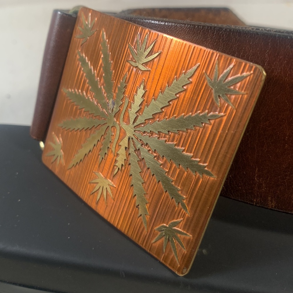 Vintage 70’s Horizon Brown Leather Belt With Brass and Copper Raised Weed Symbol - Picture 3 of 5